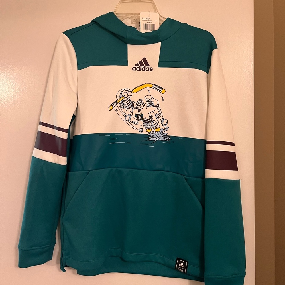 Women’s Anaheim Mighty Ducks Adidas NHL White/Green Retro Pullover Hoodie